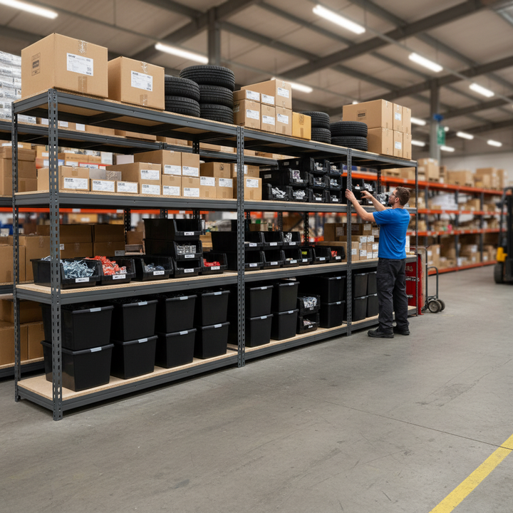 3x Heavy Duty Shelving Units - 2000mm High with 12x 62L Plastic Storage Boxes - Side view