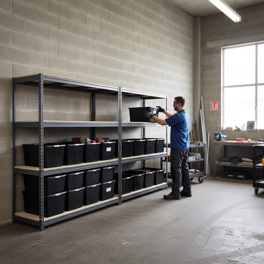4x Heavy Duty Shelving - 1800mm High - Grey with 12x 37L Plastic Storage Boxes - Front view