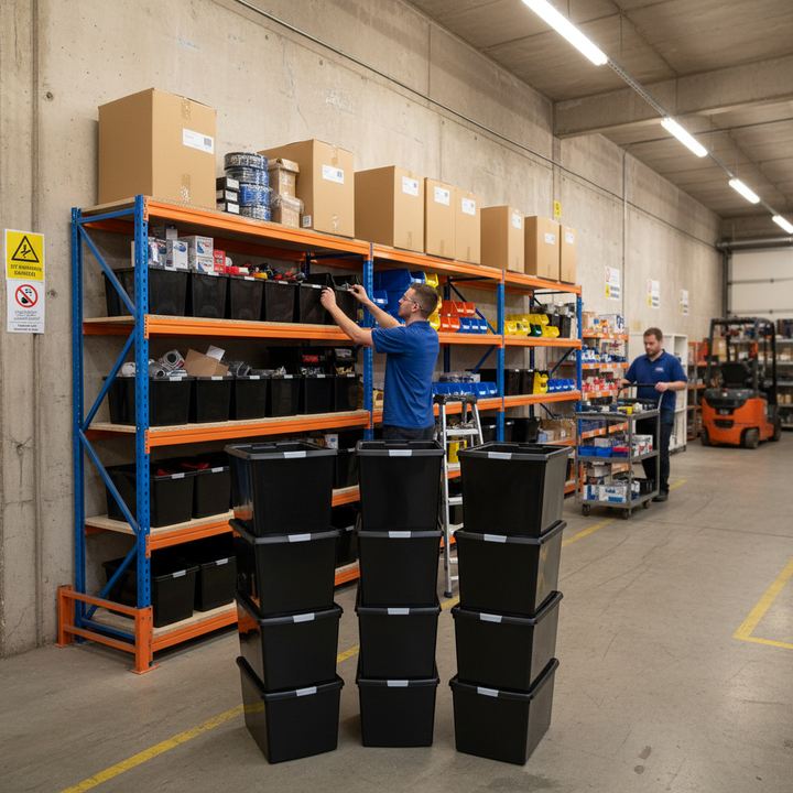 4x Heavy Duty Shelving Units - 1800mm High with 12x 37L Storage Boxes - Side view