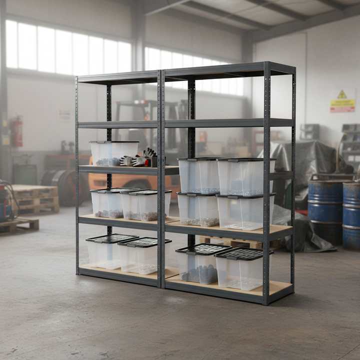 Premium Heavy Duty Shelving Units with 8 Strata Plastic Storage Boxes - 1800mm High - Grey - Front view