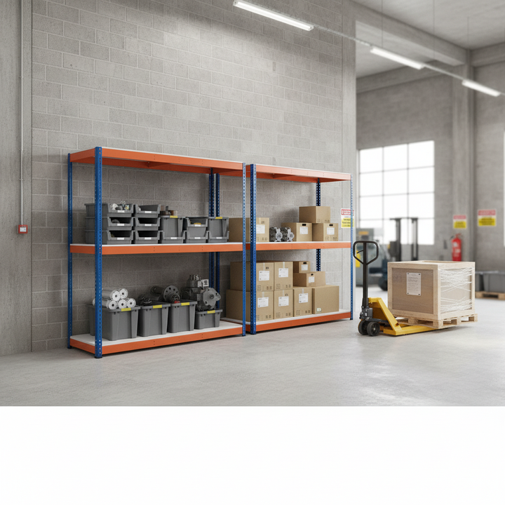 4x Heavy Duty Industrial Shelving - 2440mm High - 400kg Capacity - Melamine - Blue & Orange - Front view