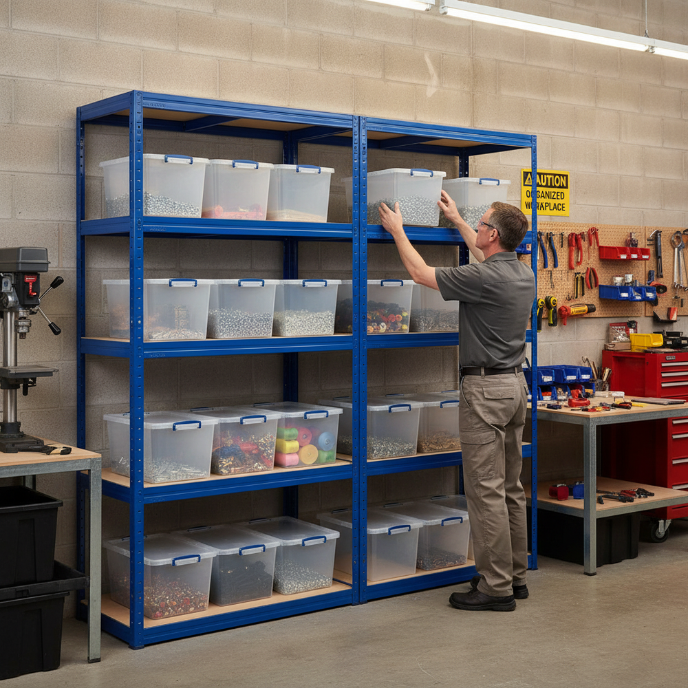 Premium 2x Shelving Units - 1800mm High - Blue with 8x 33.5L Storage Boxes - Side view