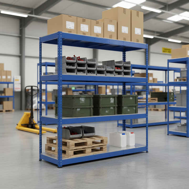Premium Industrial Shelving - 1677mm High - 400kg Load Capacity - Steel Construction - Blue - Front view