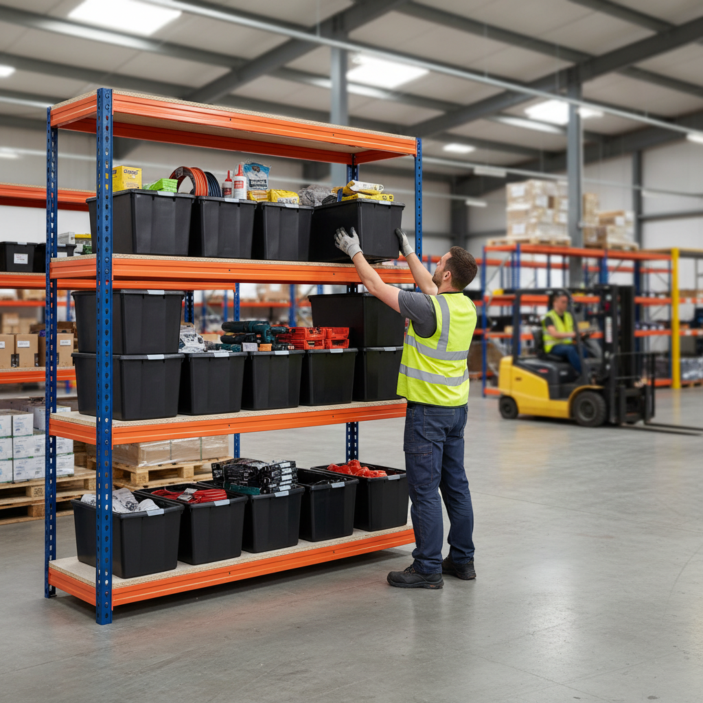 Heavy Duty Shelving Unit with 12x 62L Storage Boxes - 2200mm High - Blue & Orange - Side view