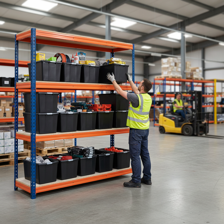 Heavy Duty Shelving Unit with 12x 62L Storage Boxes - 2200mm High - Blue & Orange - Side view