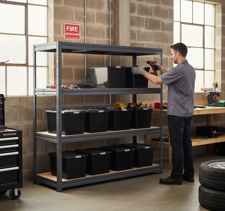 Premium Heavy Duty Shelving with 8x 37L Plastic Storage Boxes - 1770mm High - Grey - Front view