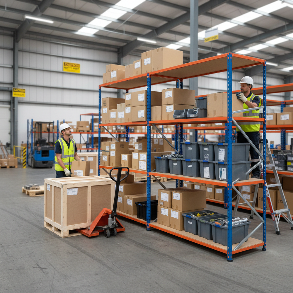 3x Premium Industrial Shelving - 2440mm High - 340kg Capacity - Chipboard - Blue & Orange - Side view