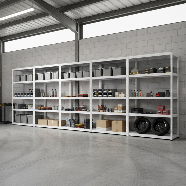 Premium Metal Garage Shelving - 1800mm High - 90/130kg Capacity - White - Front view