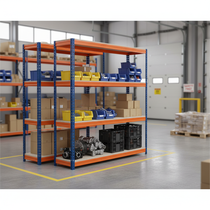 Premium Heavy Duty Industrial Shelving - 2000mm High - 500kg Capacity - Blue & Orange - Front view