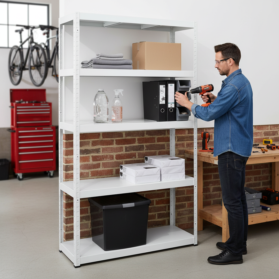 Heavy Duty Metal Garage Shelving - 1800mm High - 90/130kg Capacity - White - Front view