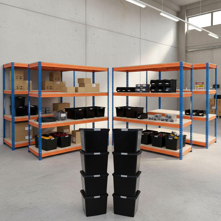 4x Premium Heavy Duty Shelving - 1800mm High with 8x 37L Storage Boxes - Front view