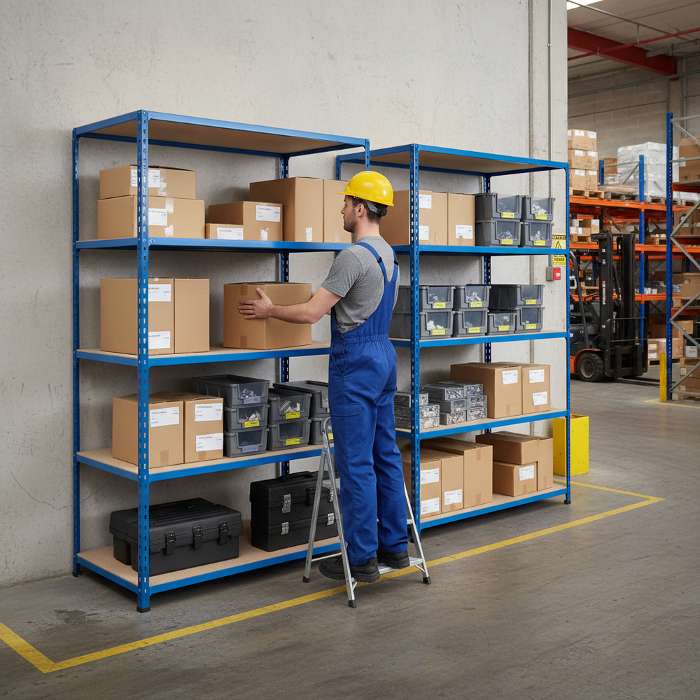 Premium Industrial Shelving - 1830mm High - 200kg Load Capacity - Chipboard - Blue Finish - Side view