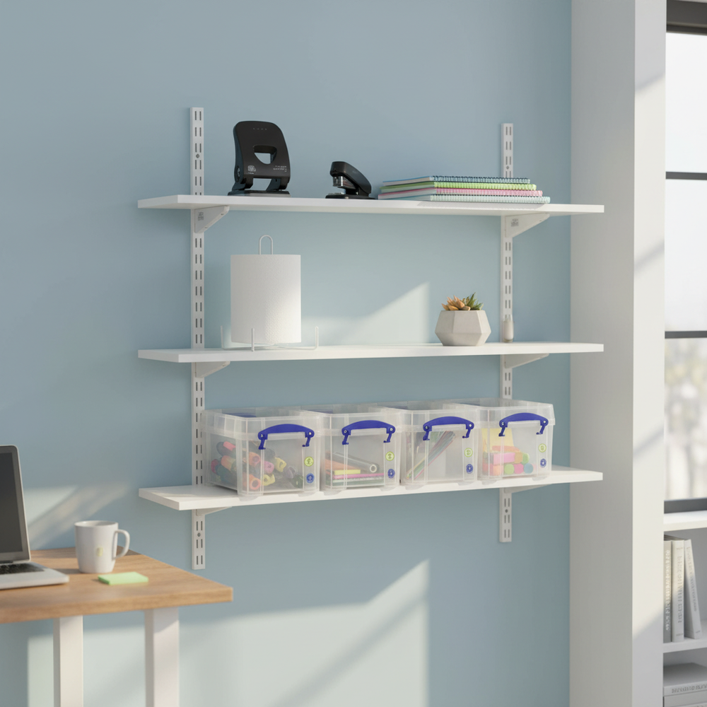 Premium Twin Slot Wall Mounted Shelving - 600mm Wide - White Melamine - Side view