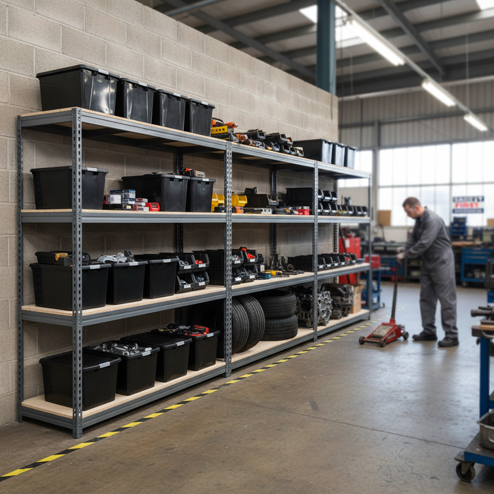 3x Heavy Duty Shelving - 2200mm High - Grey with 8x 37L Storage Boxes - Side view