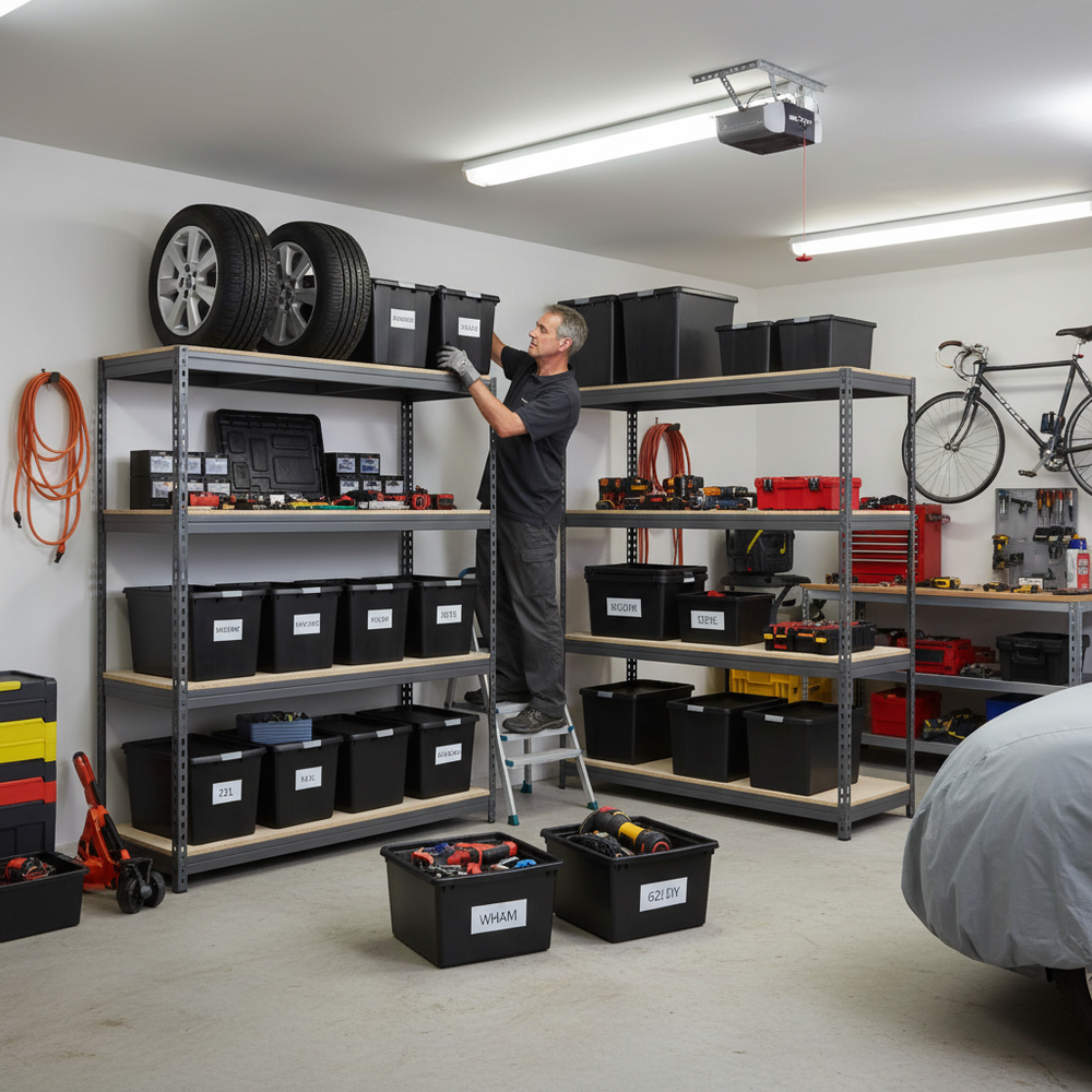 4x Premium Heavy Duty Shelving - 2000mm High - Grey with 12x 62L Plastic Storage Boxes - Side view