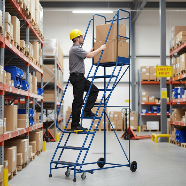 Heavy Duty Mobile Safety Steps with Anti-Slip Platform & Handrails - Front view