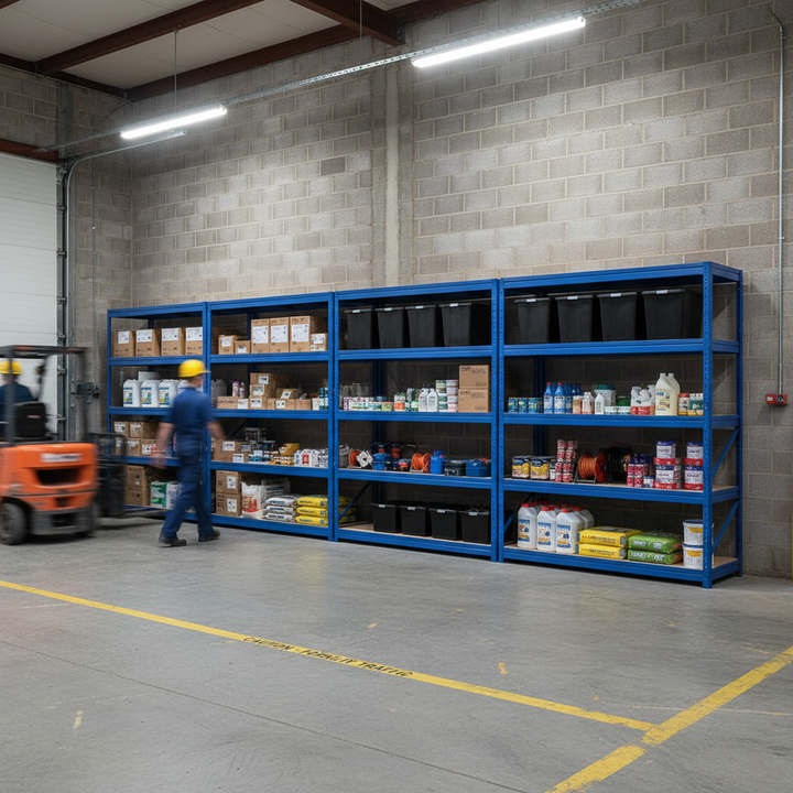 4x Premium Heavy Duty Shelving - 1770mm High - Blue with 8x 37L Plastic Storage Boxes - Side view
