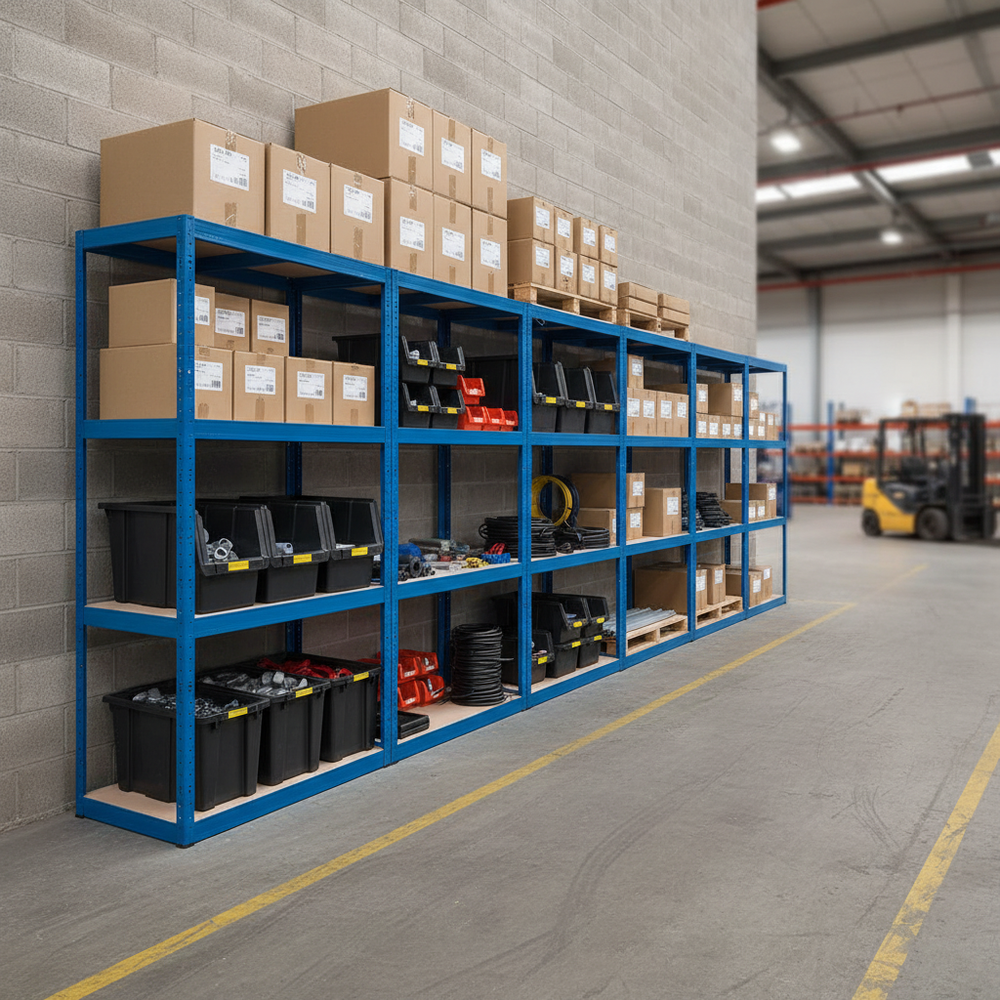 4x Heavy Duty Shelving - 1600mm High - 200/280kg Capacity - Blue - Side view