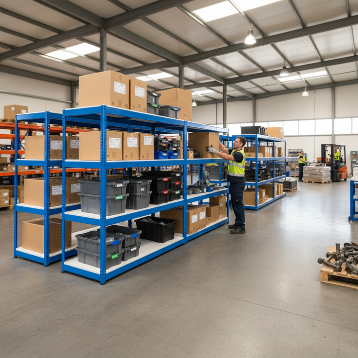 Heavy Duty Industrial Shelving - 2440mm High - 400kg Capacity - Melamine - Blue - Side view