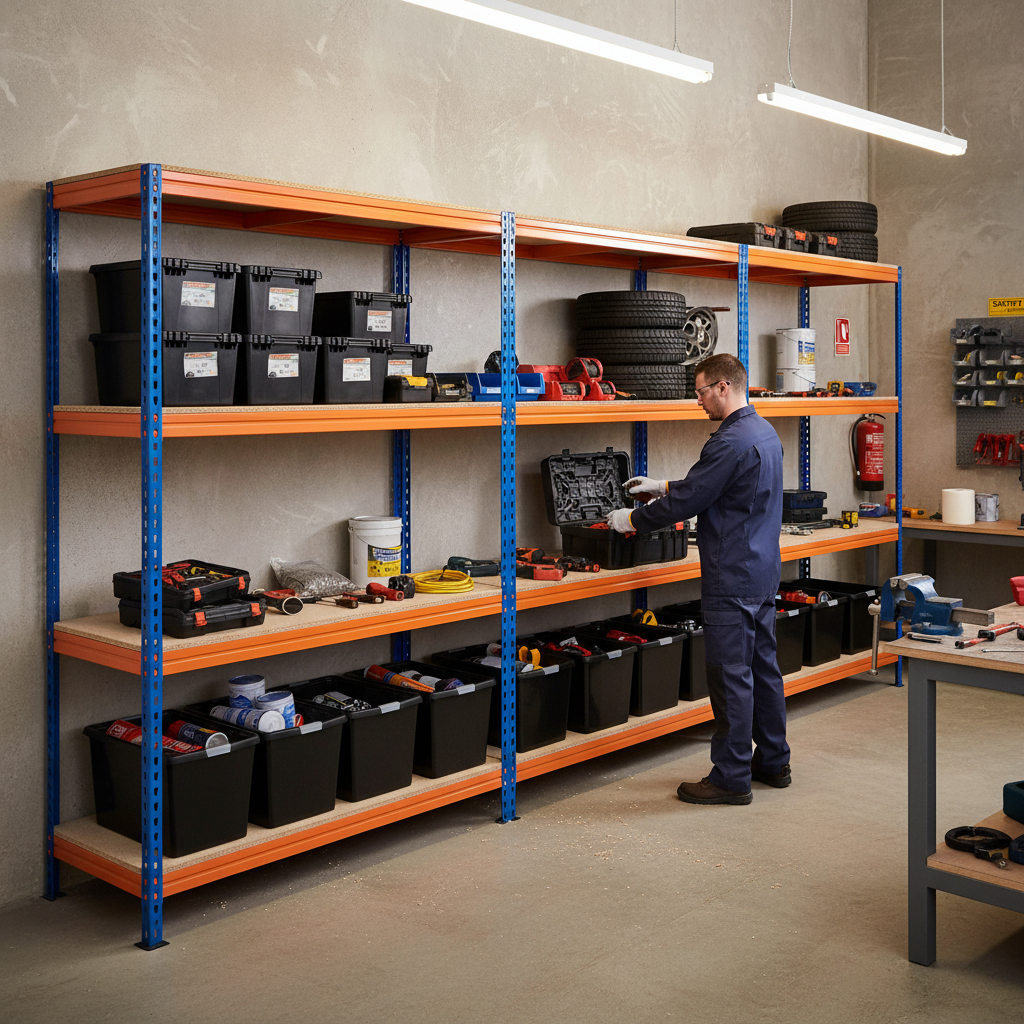 3x Premium Heavy Duty Shelving - 1600mm High - Blue & Orange with 8x 37L Plastic Storage Boxes - Side view