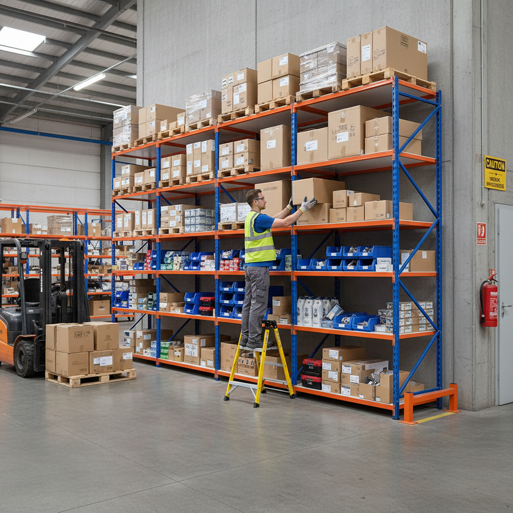 Premium Industrial Shelving - 1830mm High - 200kg Capacity - Blue & Orange - Side view