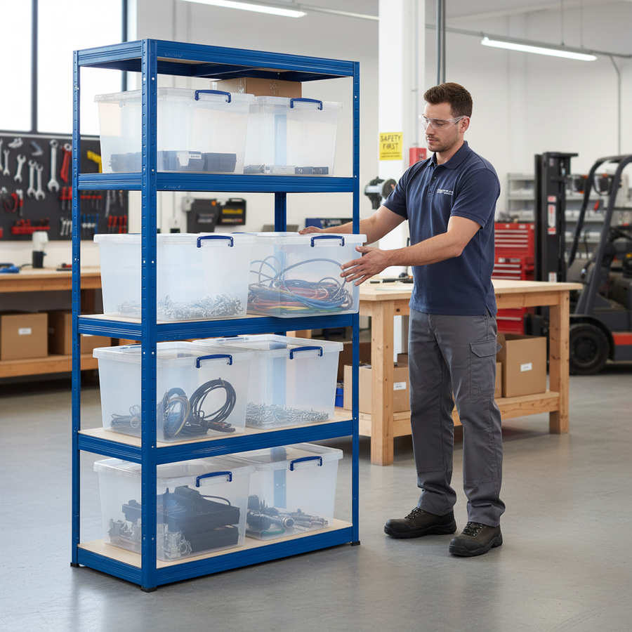 Heavy Duty Shelving Unit - 1800mm High with 8x 33.5L Storage Boxes - Front view