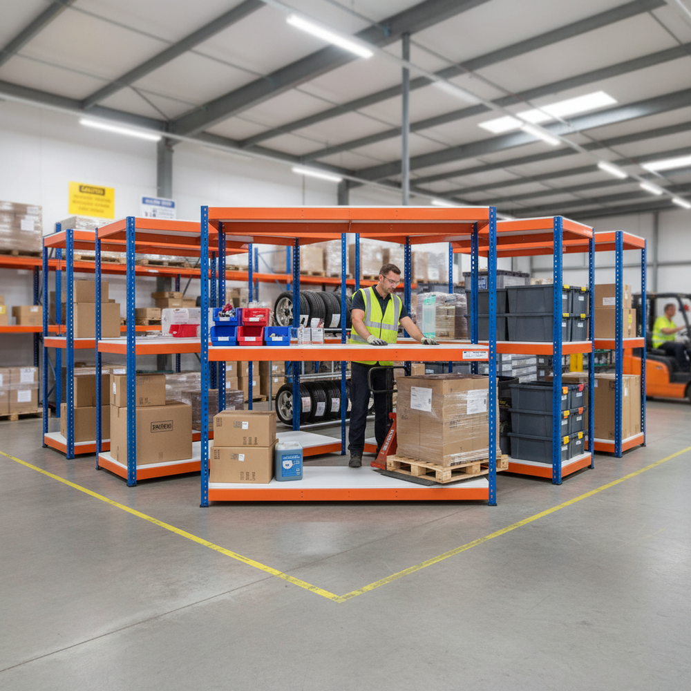 Heavy Duty Industrial Shelving - 1980mm High - 400kg Load Capacity - Melamine - Blue & Orange - Side view