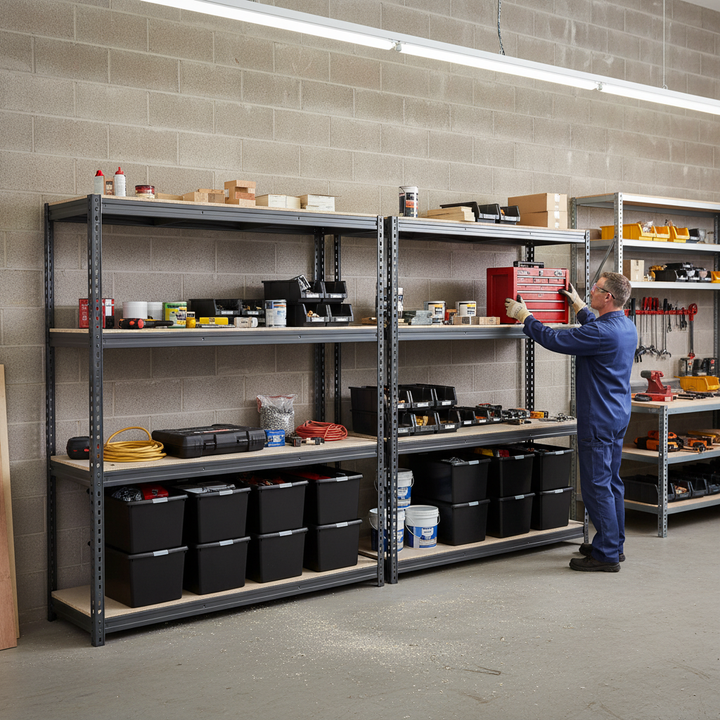 2x Heavy Duty Shelving - 2200mm High - Grey with 8x 62L Plastic Storage Boxes - Side view