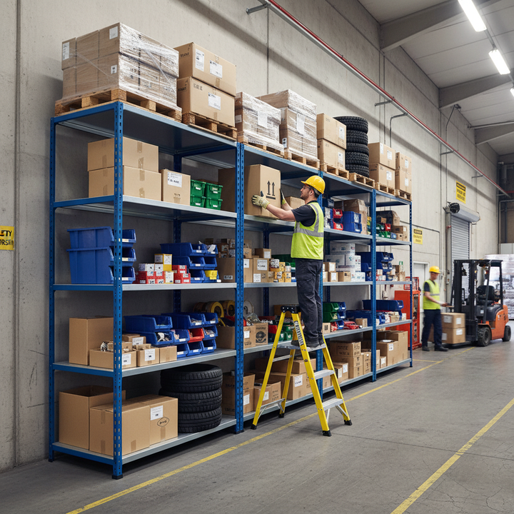 Premium Heavy Duty Industrial Shelving - 2440mm High - 200kg Capacity - Steel - Blue Finish - Side view
