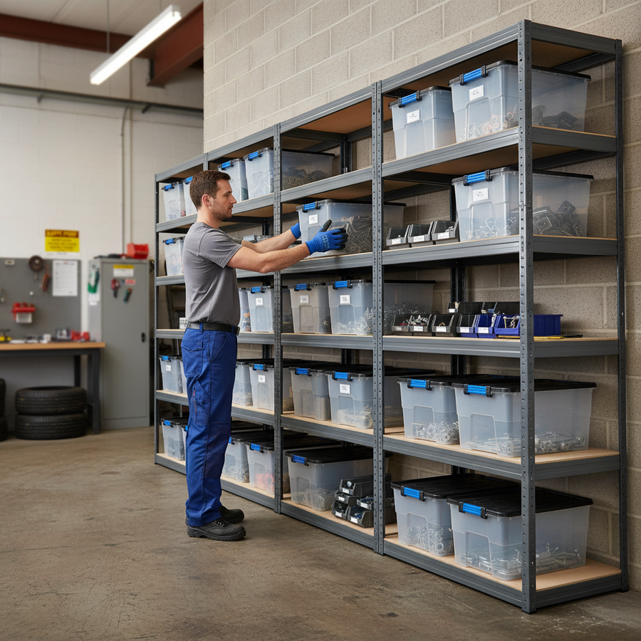Premium 4x Shelving Units - 1800mm High - Grey with 12x 24L Plastic Storage Boxes - Front view