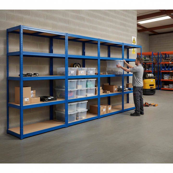 4x Heavy Duty Shelving Units - 1800mm High - Blue with 8x 60L Plastic Storage Boxes - Side view