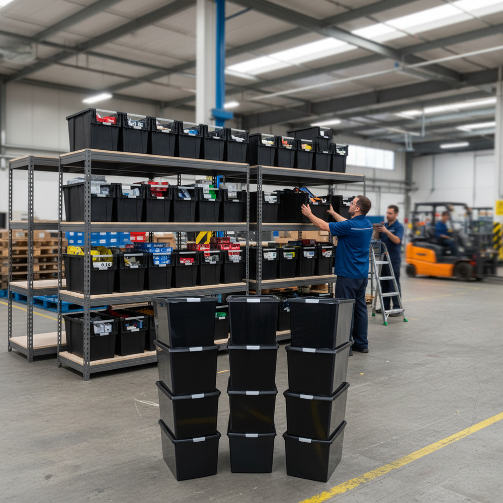 4x Heavy Duty Shelving - 1800mm High - Grey with 12x 37L Plastic Storage Boxes - Side view