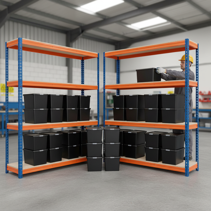 2x Heavy Duty Shelving - 2200mm High - Blue & Orange with 8x 62L Plastic Storage Boxes - Front view
