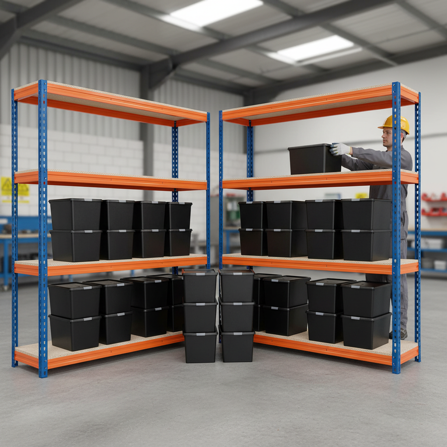 2x Heavy Duty Shelving - 2200mm High - Blue & Orange with 8x 62L Plastic Storage Boxes - Front view