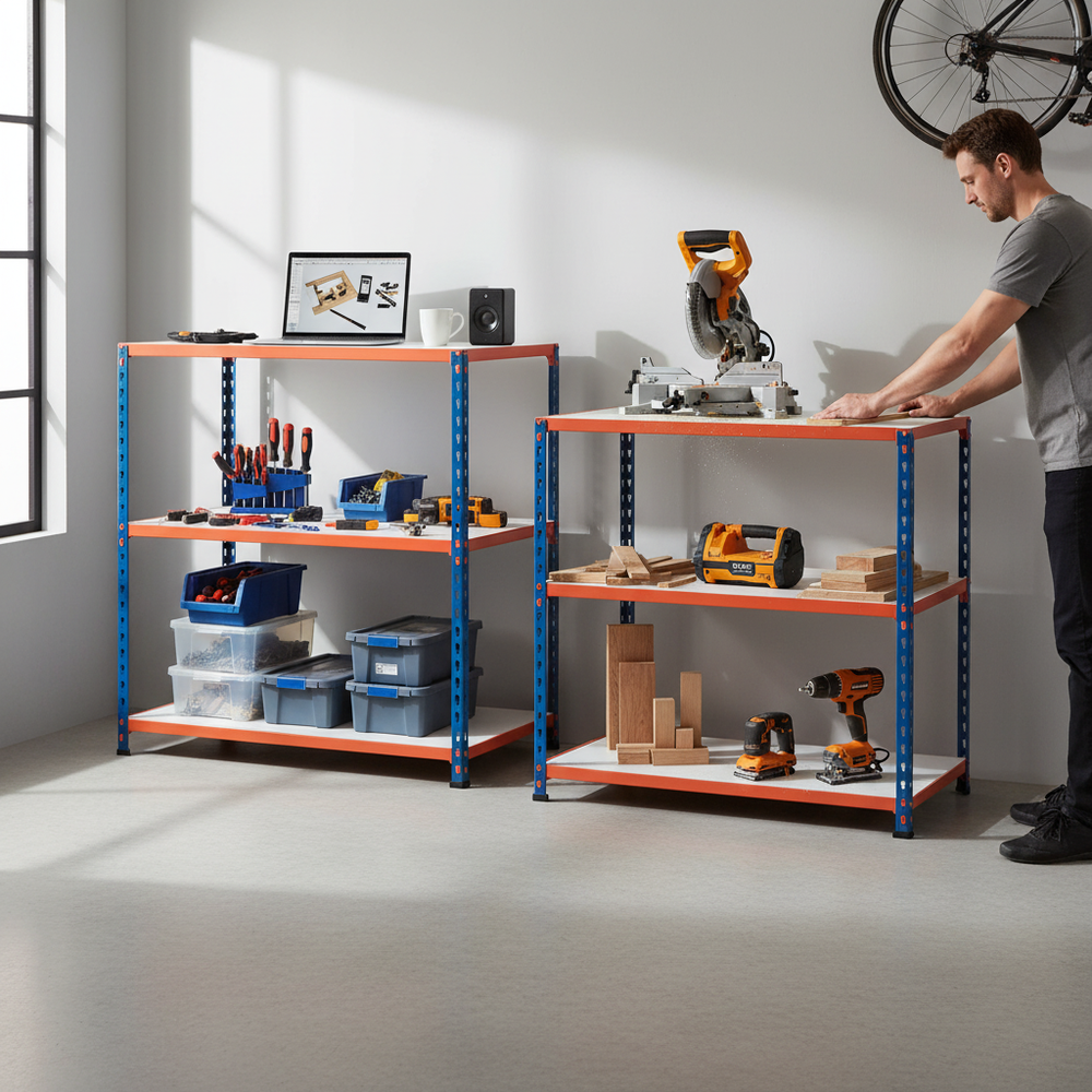 Premium Workbench Set - 915mm High - 200kg Capacity - Melamine - Blue/Orange - Side view