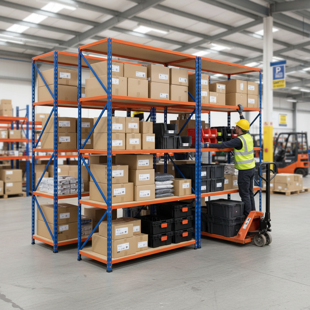3x Premium Industrial Shelving - 2440mm High - 200kg Capacity - Chipboard - Side view