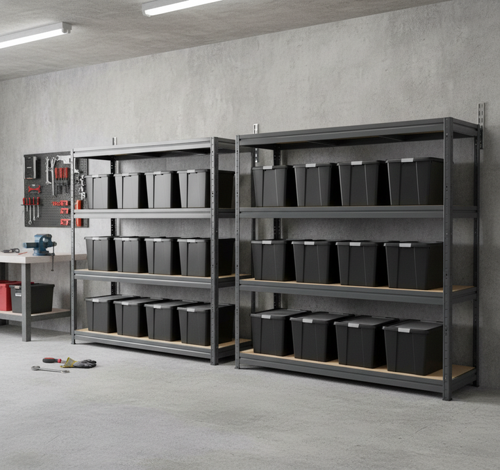 2x Premium Heavy Duty Shelving - 1770mm High - Grey with 8x 37L Plastic Storage Boxes - Side view
