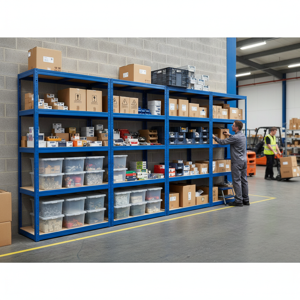 Premium 4x Shelving Units - 2130mm High - Blue with 12x 60L Storage Boxes - Side view