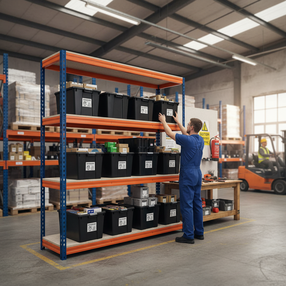 Heavy Duty Shelving Unit - 1600mm High with 12x 62L Plastic Storage Boxes - Side view