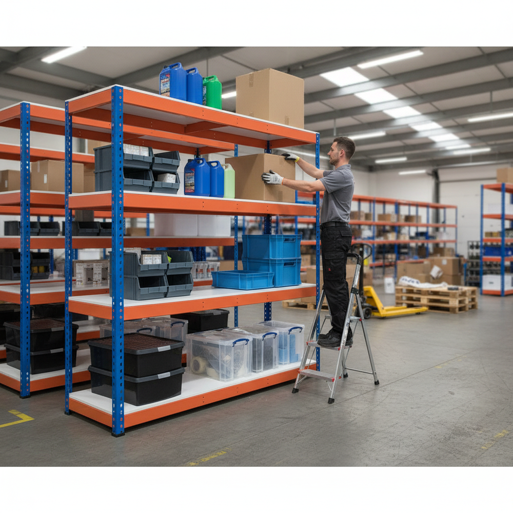 Premium Industrial Shelving - 3050mm High - 800kg Capacity - Melamine - Blue & Orange - Side view