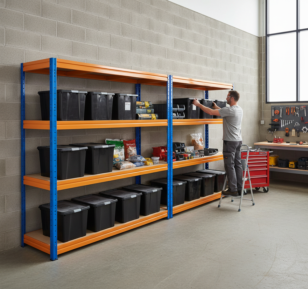 2x Heavy Duty Shelving - 1770mm High - Blue & Orange with 8x 37L Storage Boxes - Side view