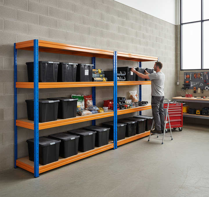2x Heavy Duty Shelving - 1770mm High - Blue & Orange with 8x 37L Storage Boxes - Side view