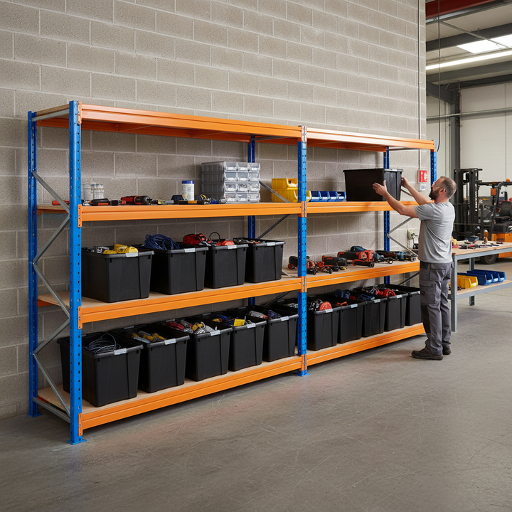 3x Premium Heavy Duty Shelving - 1770mm High - Blue & Orange with 8x 37L Plastic Storage Boxes - Side view