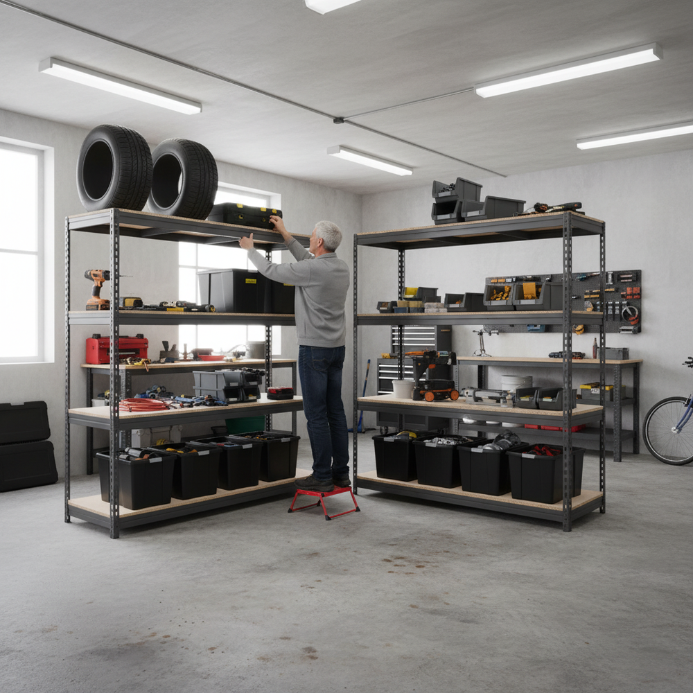 4x Premium Heavy Duty Shelving - 2000mm High - Grey with 8x 37L Storage Boxes - Side view