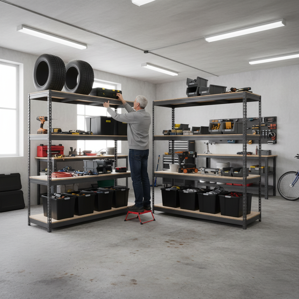 4x Premium Heavy Duty Shelving - 2000mm High - Grey with 8x 37L Storage Boxes - Side view