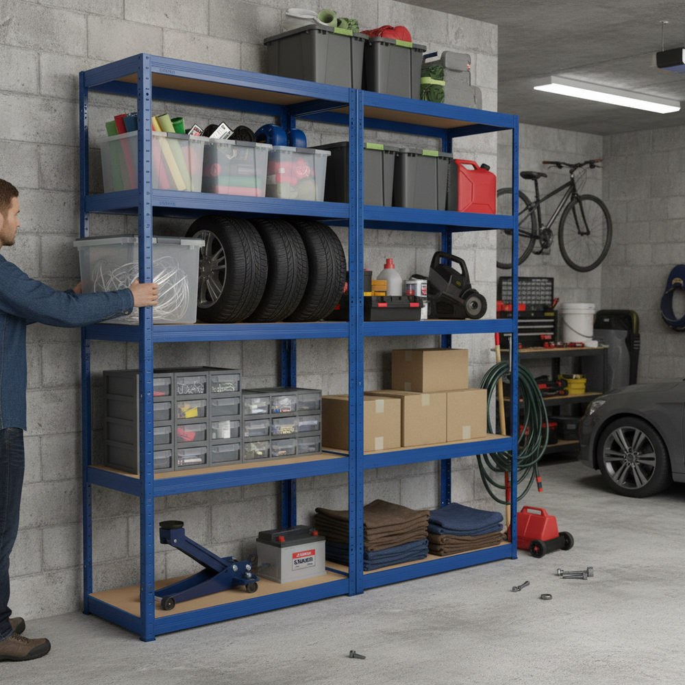 Heavy Duty Garage Shelving - 2130mm High - 200/280kg Capacity - Blue Finish - Side view