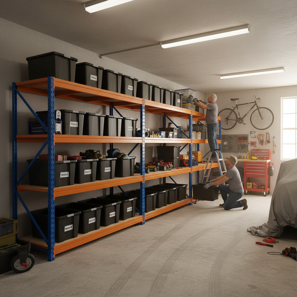 4x Premium Heavy Duty Shelving - 1770mm High - Blue & Orange with 12x 62L Plastic Storage Boxes - Side view