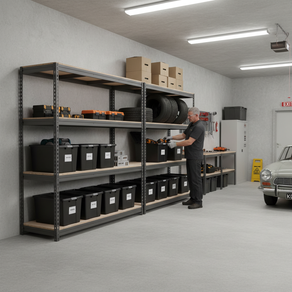 3x Premium Heavy Duty Shelving - 2000mm High - Grey with 8x 62L Storage Boxes - Side view