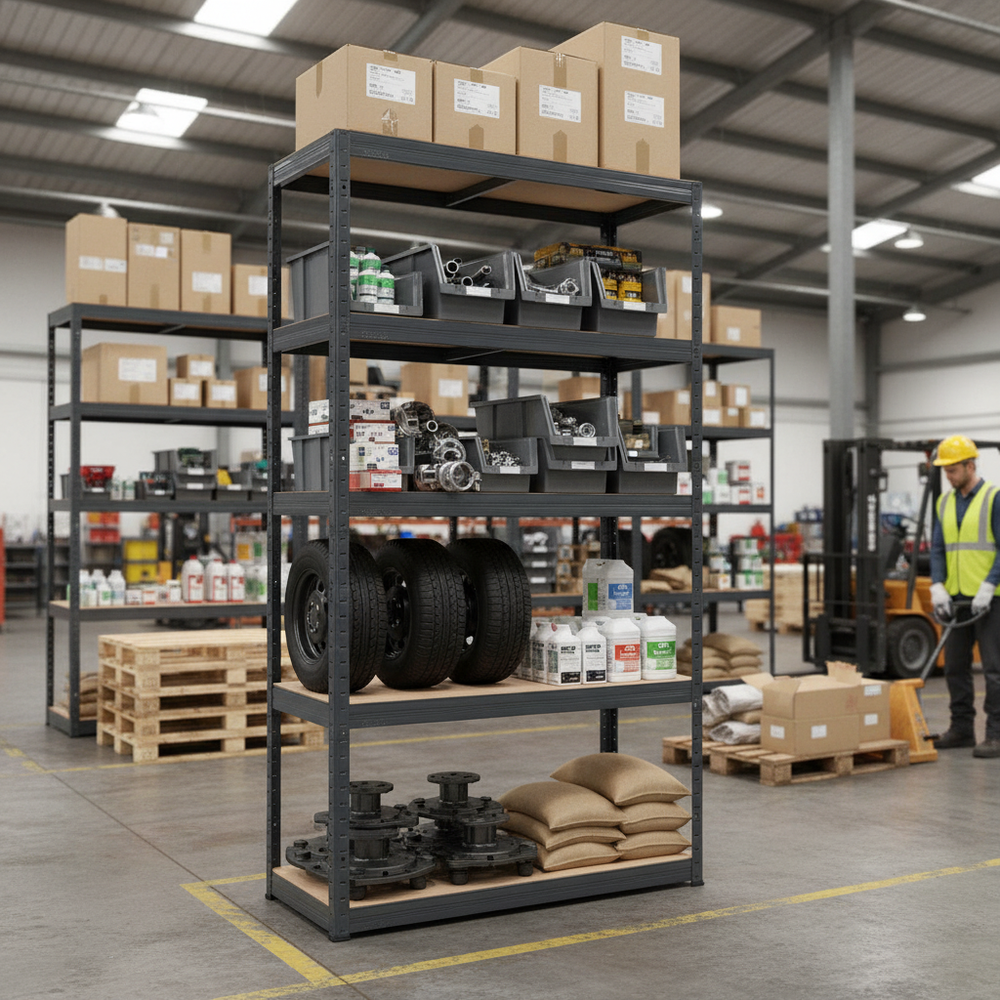 Heavy Duty Industrial Shelving - 2130mm High - 200/280kg Capacity - Grey - Side view