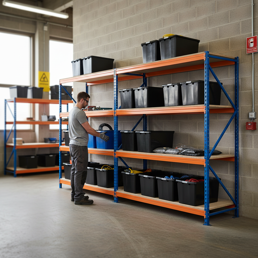 4x Premium Heavy Duty Shelving - 2200mm High - Blue & Orange with 12x 37L Plastic Storage Boxes - Front view